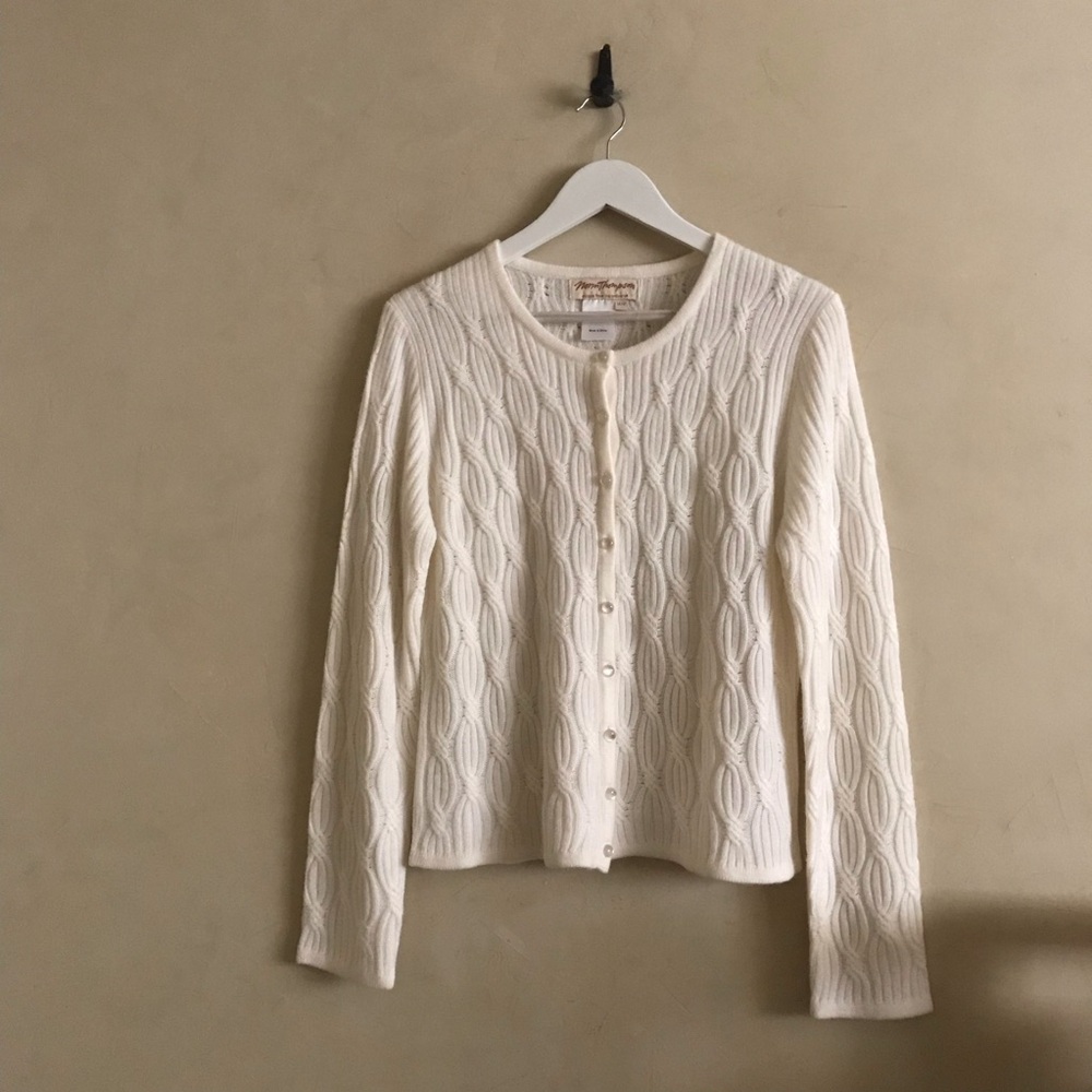 Norm Thompson White Cable Knit Cardigan Sweater
